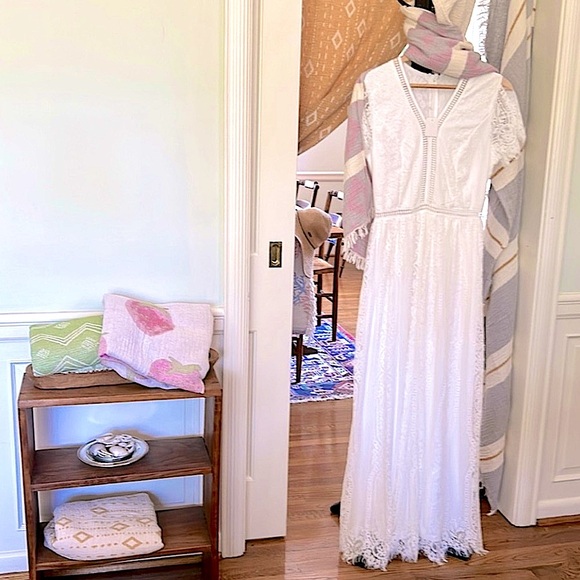 White Lace Lady Dress Lace Sleeves Eyelash Fringe V Neck Feminine Dress SET of 2 - Picture 2 of 16